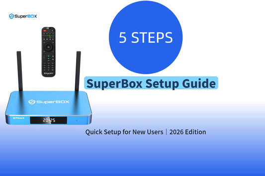SuperBox beginner's guide cover with 5-step setup for new streaming box users