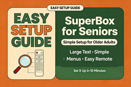 SuperBox for seniors easy setup guide with large text and simple remote
