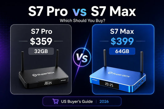 SuperBox S7 Pro vs Max comparison buying guide cover with two streaming box models