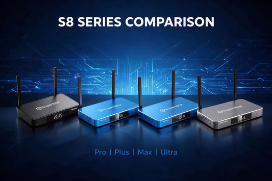 SuperBox S8 series comparison banner showing Pro Plus Max and Ultra models side by side