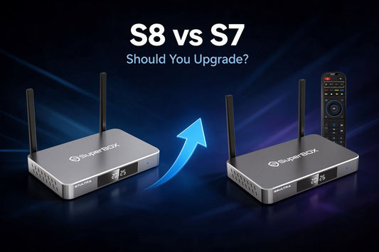 SuperBox S8 vs S7 upgrade comparison banner with arrow showing new generation